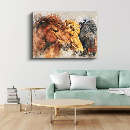 Üçlü At Portresi - Suluboya Tekniğinde Farklı Renk Tonları Kanvas Tablo