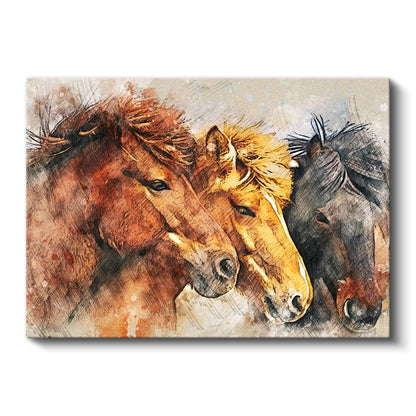 Üçlü At Portresi - Suluboya Tekniğinde Farklı Renk Tonları Kanvas Tablo