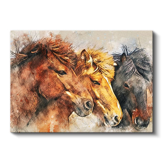 Üçlü At Portresi - Suluboya Tekniğinde Farklı Renk Tonları Kanvas Tablo