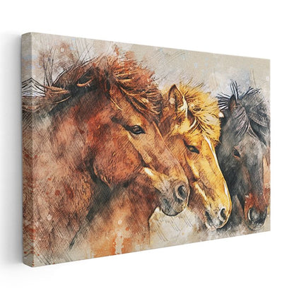 Üçlü At Portresi - Suluboya Tekniğinde Farklı Renk Tonları Kanvas Tablo