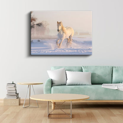 Kış Koşusu - Karlı Zeminde İlerleyen Beyaz At Kanvas Tablo
