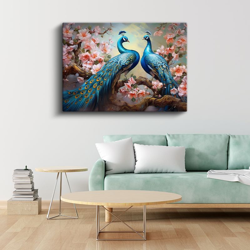Mavi İhtişam - Çiçekli Dallarda Tavus Kuşu Çifti Kanvas Tablo