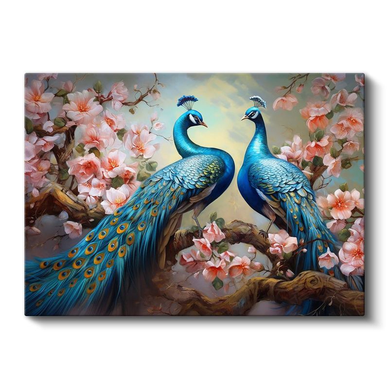 Mavi İhtişam - Çiçekli Dallarda Tavus Kuşu Çifti Kanvas Tablo