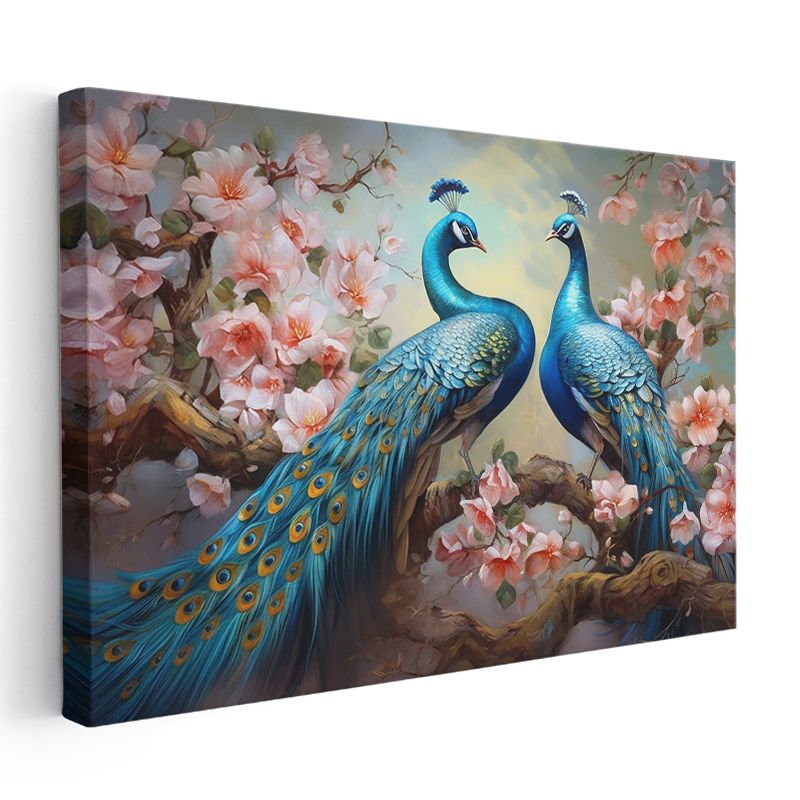Mavi İhtişam - Çiçekli Dallarda Tavus Kuşu Çifti Kanvas Tablo