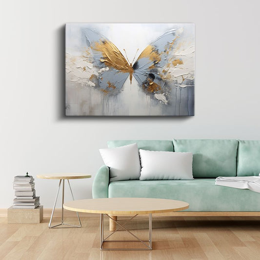 Altın Kanat - Soyut Mavi Kelebek Kompozisyonu Kanvas Tablo