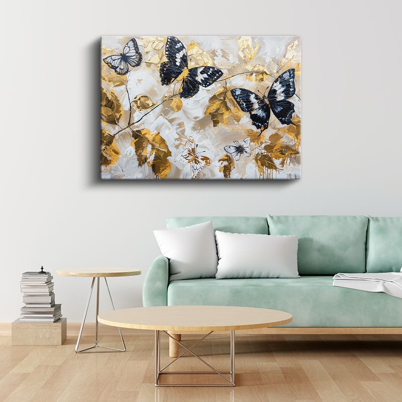 Kelebek Dansı - Siyah Beyaz Altın Desenli Uçuş Kanvas Tablo