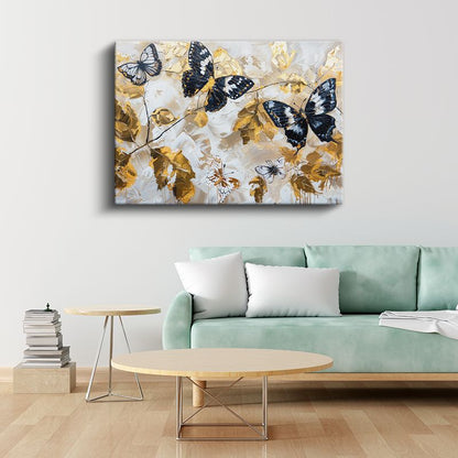 Kelebek Dansı - Siyah Beyaz Altın Desenli Uçuş Kanvas Tablo