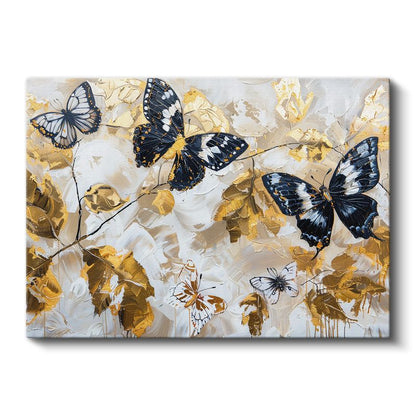 Kelebek Dansı - Siyah Beyaz Altın Desenli Uçuş Kanvas Tablo