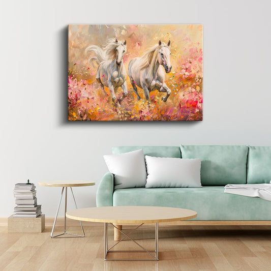 Çiçek Tarlası - Pembe Tonlarda Koşan Beyaz Atlar Kanvas Tablo