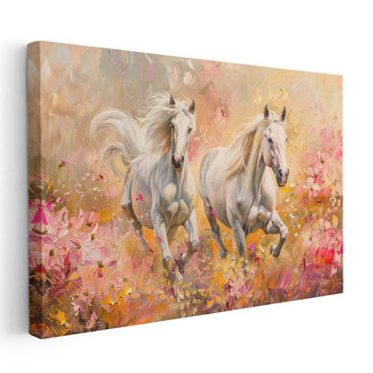 Çiçek Tarlası - Pembe Tonlarda Koşan Beyaz Atlar Kanvas Tablo