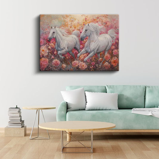 Gül Bahçesi - Çiçekler Arasında İlerleyen Beyaz Atlar Kanvas Tablo