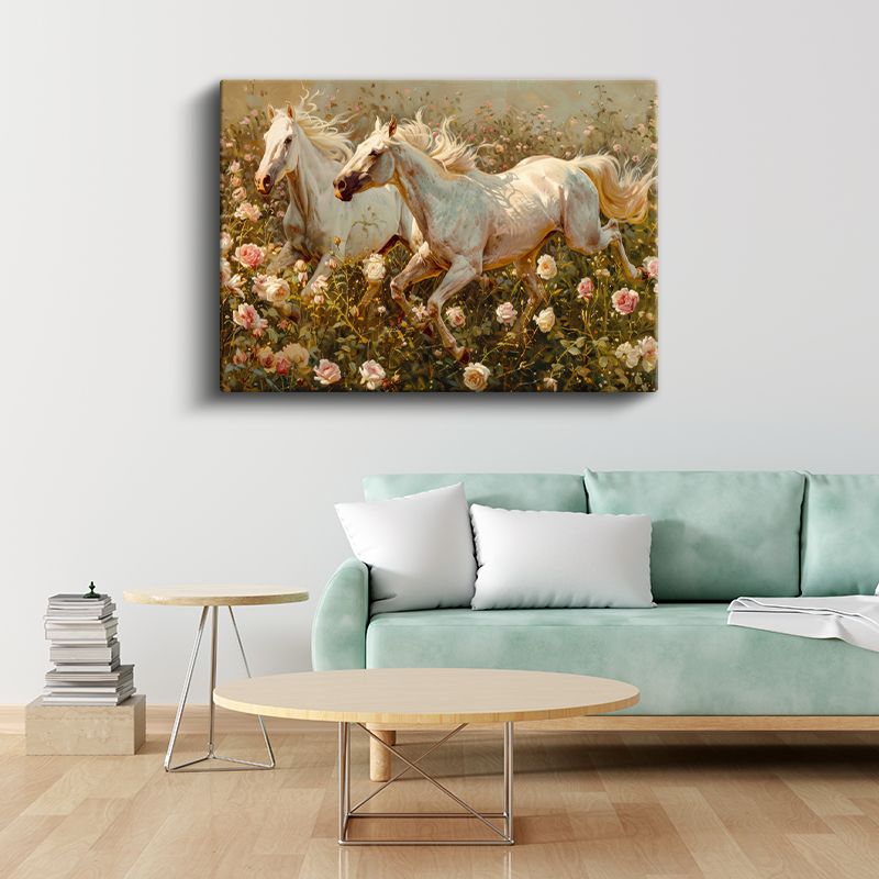 Özgür Koşu - Pastel Çiçekli Alanda Beyaz Atlar Kanvas Tablo