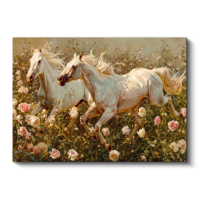 Özgür Koşu - Pastel Çiçekli Alanda Beyaz Atlar Kanvas Tablo