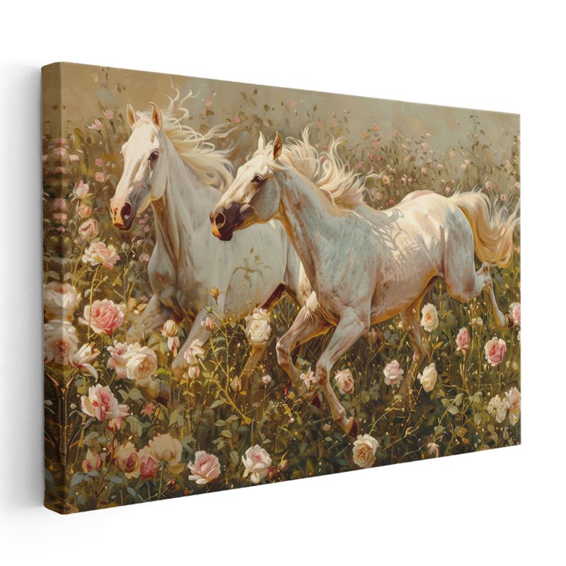 Özgür Koşu - Pastel Çiçekli Alanda Beyaz Atlar Kanvas Tablo