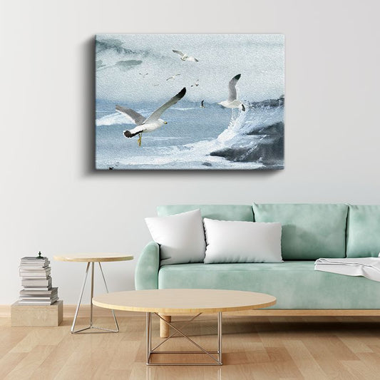Deniz Üstünde - Dalgalar Arasında Süzülen Martılar Kanvas Tablo