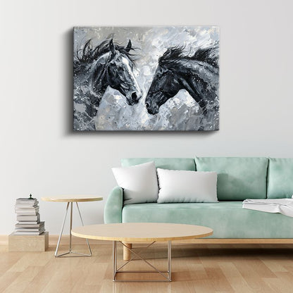Siyah Beyaz Buluşma - Modern Tarzda At Başları Kanvas Tablo