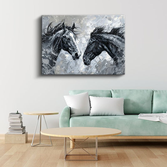 Siyah Beyaz Buluşma - Modern Tarzda At Başları Kanvas Tablo