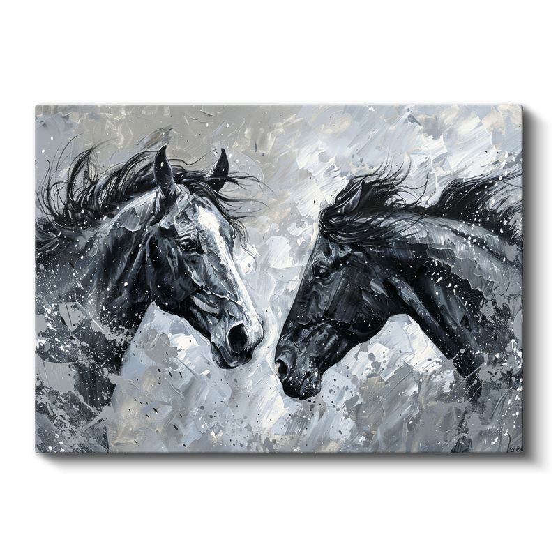 Siyah Beyaz Buluşma - Modern Tarzda At Başları Kanvas Tablo