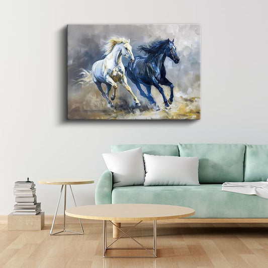 Zıt Renkler - Beyaz ve Siyah Atların Koşusu Kanvas Tablo