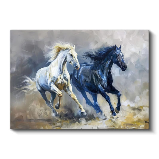Zıt Renkler - Beyaz ve Siyah Atların Koşusu Kanvas Tablo