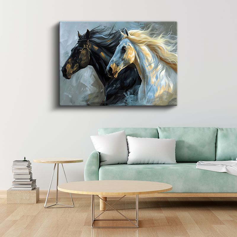 İkili Portre - Siyah ve Beyaz At Başları Kanvas Tablo