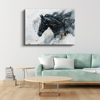 Altın Dokunuş - Siyah Mürekkep Tekniğinde At Kanvas Tablo