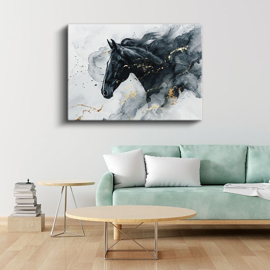 Altın Dokunuş - Siyah Mürekkep Tekniğinde At Kanvas Tablo
