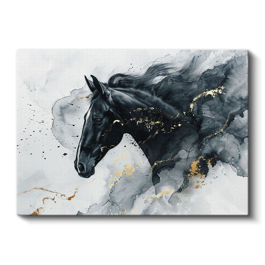 Altın Dokunuş - Siyah Mürekkep Tekniğinde At Kanvas Tablo