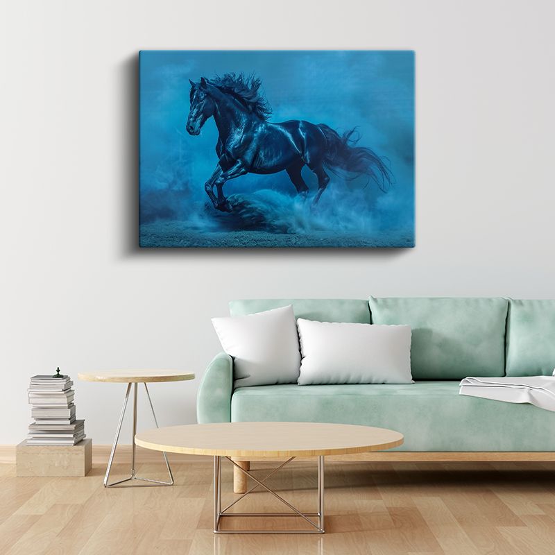 Mavi Atmosfer - Toz Bulutu İçinde Koşan Siyah At Kanvas Tablo