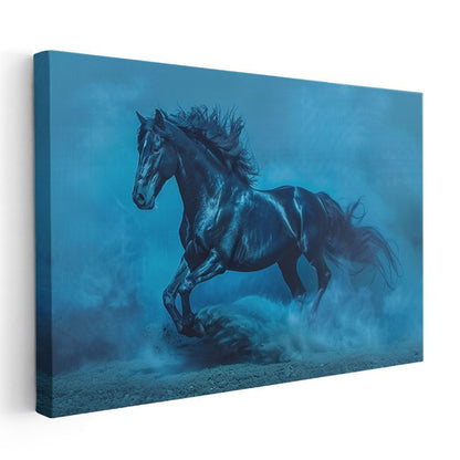 Mavi Atmosfer - Toz Bulutu İçinde Koşan Siyah At Kanvas Tablo