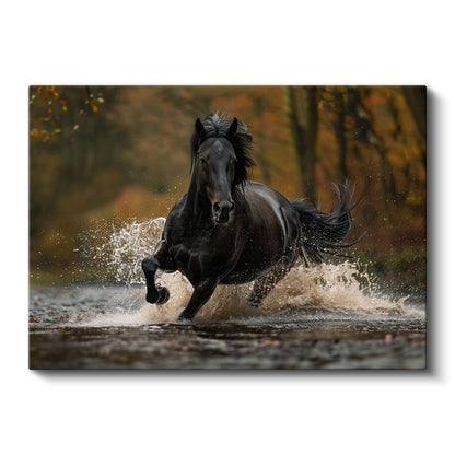 Su Sıçratan At - Nehirde İlerleyen Yabani Yırtıcı Kanvas Tablo