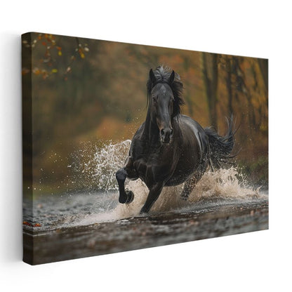 Su Sıçratan At - Nehirde İlerleyen Yabani Yırtıcı Kanvas Tablo
