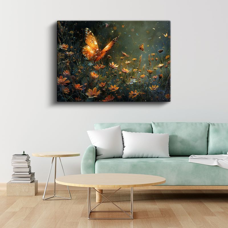 Turuncu Kanatlar - Çiçekli Alanda Kelebekler Kanvas Tablo