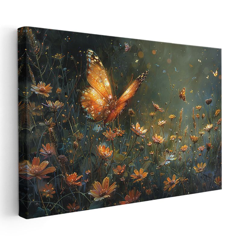Turuncu Kanatlar - Çiçekli Alanda Kelebekler Kanvas Tablo