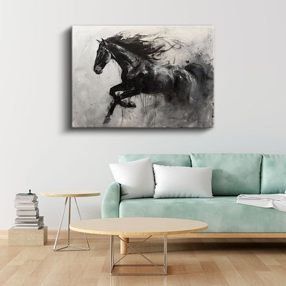 Dinamik Siluet - Fırça Darbeleriyle Siyah At Kanvas Tablo