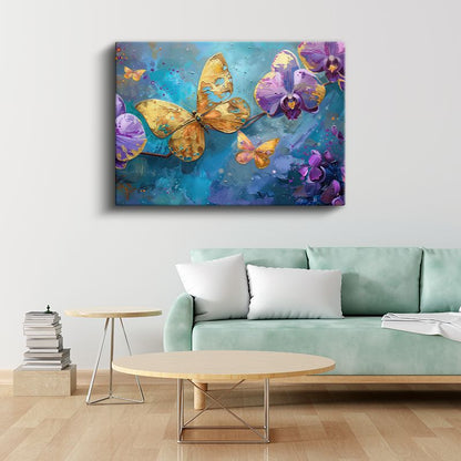 Altın Kelebek - Mor Orkideler Arasında Uçuş Kanvas Tablo