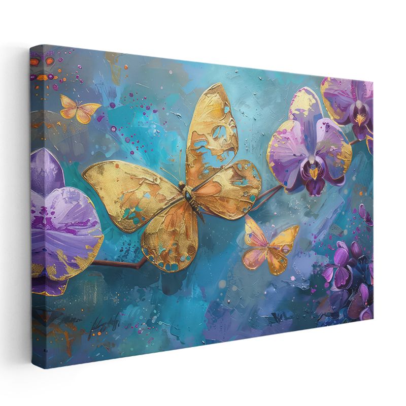 Altın Kelebek - Mor Orkideler Arasında Uçuş Kanvas Tablo