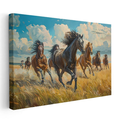 Özgür Sürü - Çayırda Koşan Vahşi Atlar Kanvas Tablo