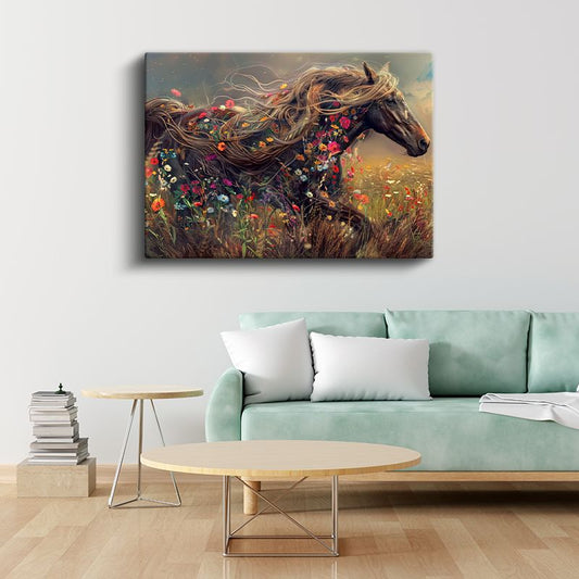 Çiçekli Yele - Renkli Kır Çiçekleriyle Süslü At Kanvas Tablo