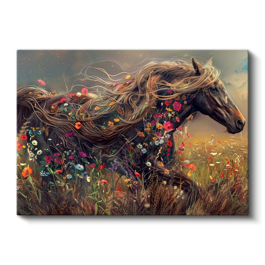 Çiçekli Yele - Renkli Kır Çiçekleriyle Süslü At Kanvas Tablo