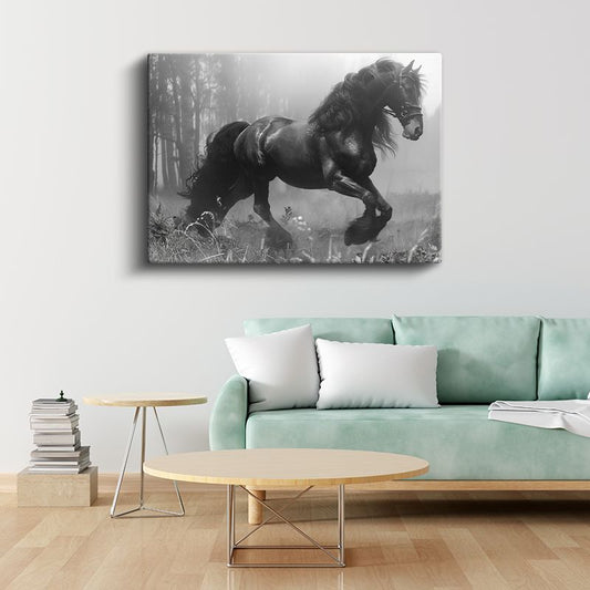 Sisli Orman - Şaha Kalkan Siyah Aygır Kanvas Tablo