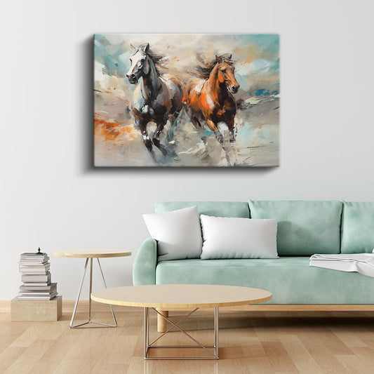 İkili Koşu - Beyaz ve Kahverengi Atlar Kanvas Tablo