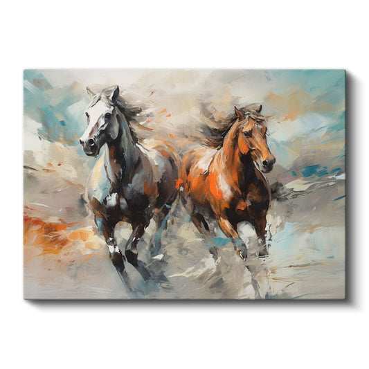 İkili Koşu - Beyaz ve Kahverengi Atlar Kanvas Tablo