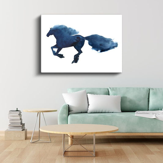 Mavi Siluet - Suluboya Tekniğinde Koşan At Kanvas Tablo