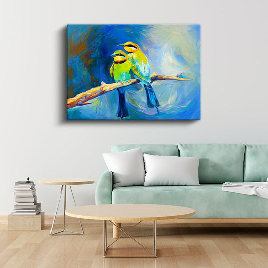 Sarı Arıkuşları - Dalda Duran Renkli Kuş Çifti Kanvas Tablo