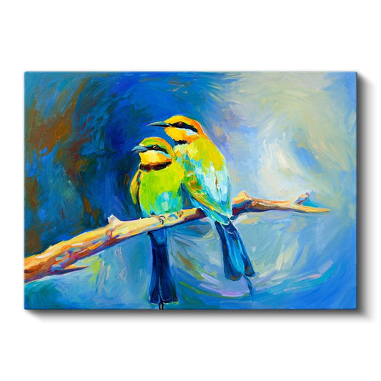 Sarı Arıkuşları - Dalda Duran Renkli Kuş Çifti Kanvas Tablo