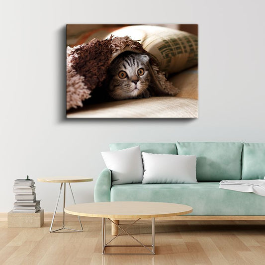 Meraklı Bakış - Battaniye Altındaki Kedi Yavrusu Kanvas Tablo
