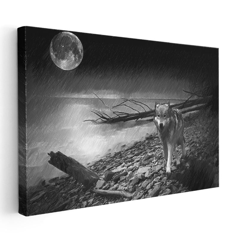 Yalnız Kurt - Dolunay Altında Vahşi Doğada Kanvas Tablo