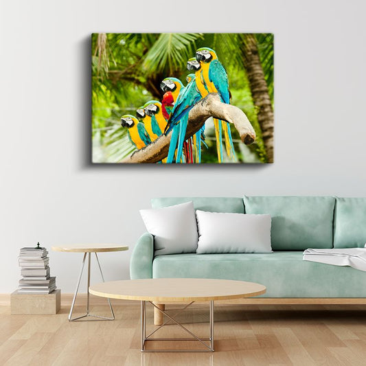 Papağan Ailesi - Dal Üzerinde Renkli Topluluk Kanvas Tablo