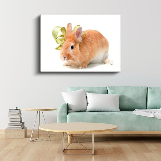 Turuncu Tavşan - Altın Kurdeleli Sevimli Dost Kanvas Tablo